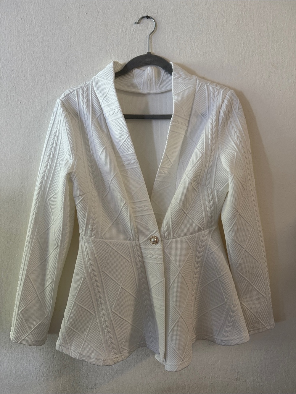 Womens White Textured Single-Button Blazer Jacket